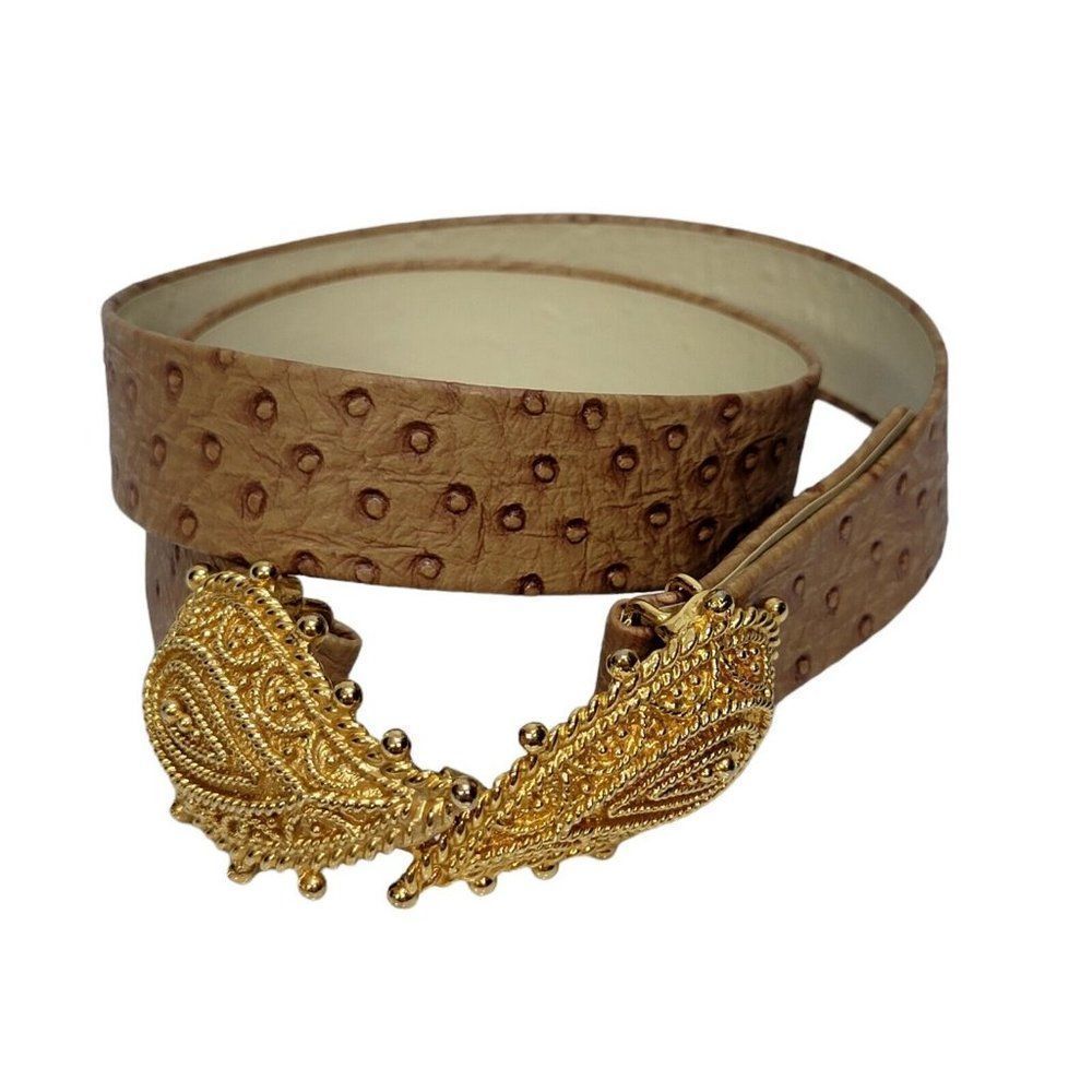 Vintage 90s Mimi di N Womens‎ Goldtone Paisley Buckle Faux Ostrich Waist Belt